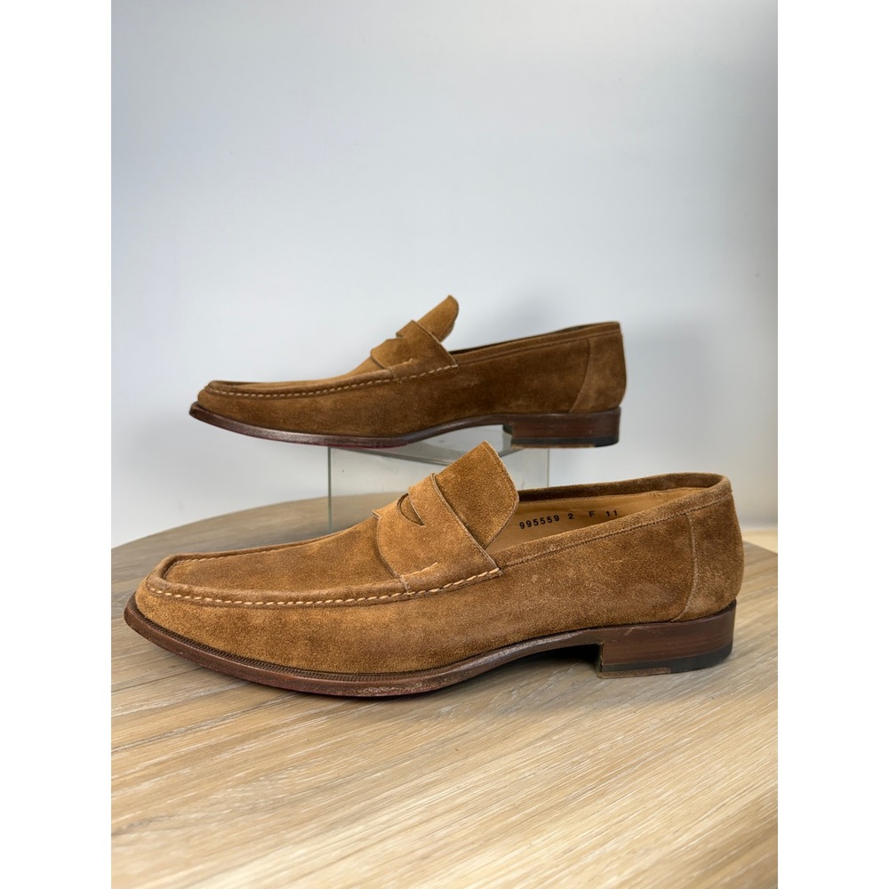 Santoni Men 11 Penny Loafer Brown Suede Square Toe Made in Italy Dress Shoes